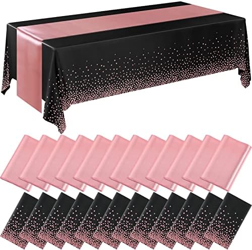 Breling 24 Pack Black and Rose Gold Tablecloths and Satin Table Runner Set by Breling