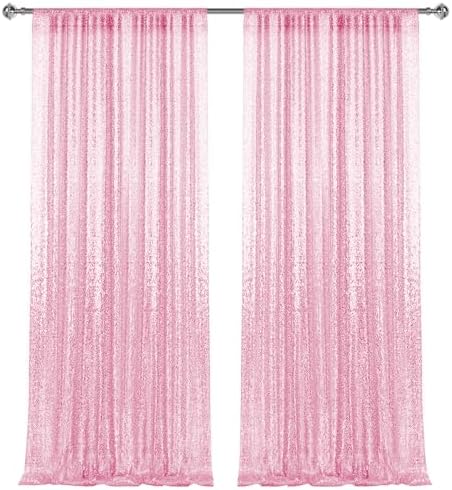2×8FT-2PCS Pink Sequin Backdrop Curtains Panels, Photography Backdrop Glitter Curtains Fabric Background for Christmas Wedding Party Decor by Pufogu