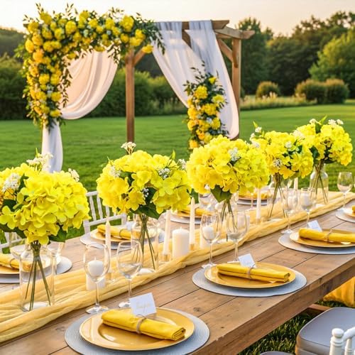 Auihiay Fall Hydrangea Artificial Flowers, 64Pcs Silk Yellow Hydrangeas - Image 2