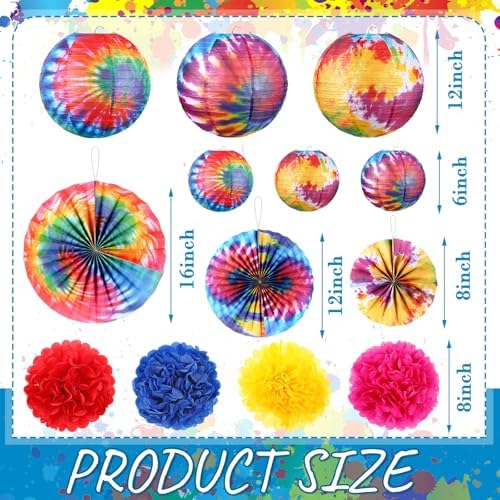 Hortsun 16 Pcs Tie Dyed Party Decorations Include 6 Pcs 12 "and 6" Groovy Hippie Hanging Paper Lanterns,6 Paper Fans -3 Size and 4 Flowers,60s Party Ceiling Wall Decor Chinese/Japanese Groovy Decor - Image 3