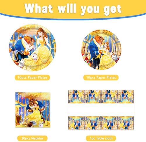 41Packs Beauty and the Beast Birthday Decorations Include 20 Plates, 20 Napkins and 1 Tablecover for Birthday Party Supplies (Beauty) - Image 2