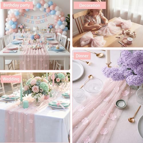6 Pcs 29x120'' Pearl Tulle Table Runner 10ft Wedding Tablecloth, Blush Pink - Image 4