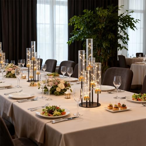 5-Arm Black Metal Table Candelabra Centerpiece, 22" Tall Clear Candlesticks Holder with Shade for Valentines Day Events Party Table Centerpiece,Fit LED Candles (4, Black+Gold, S-22in) - Image 5