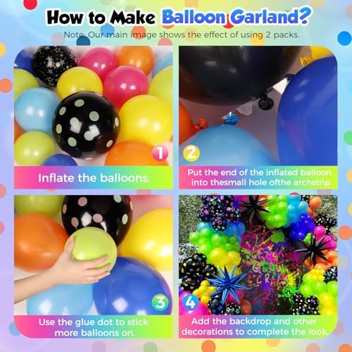 185Pcs Neon Balloons Arch Garland Kit with Glow in the Dark Balloons, Neon Balloons Arch Kit for Back to 80s 90s DISCO Birthday Party Decorations, Let's Glow Party, Rock Roll Party Supplies - Image 3