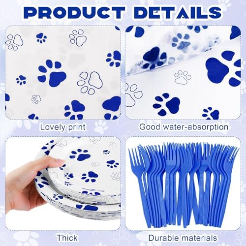 Kochorie 144 Pieces Blue Paw Print Party Tableware Sets Including Disposable Plates Napkins Cups Forks Serves 24 for Dog Puppy Theme Party Supplies - Image 3