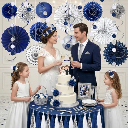 Meiduo 34 Pcs Blue Silver Party Decorations, Fans Lanterns Pom Poms Set - Image 3