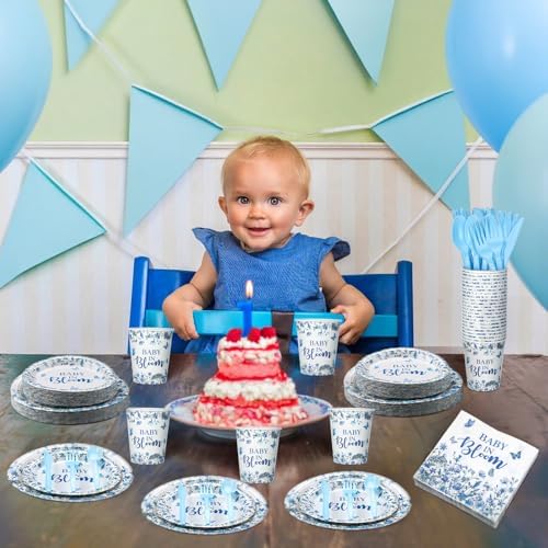 Yungyan 252 Pcs Baby in Bloom Blue Floral Baby Shower Party Tableware Set Included Plates Napkins Cups Forks Knives Cutlery for Party Decorations Supplies 36 Guests - Image 5