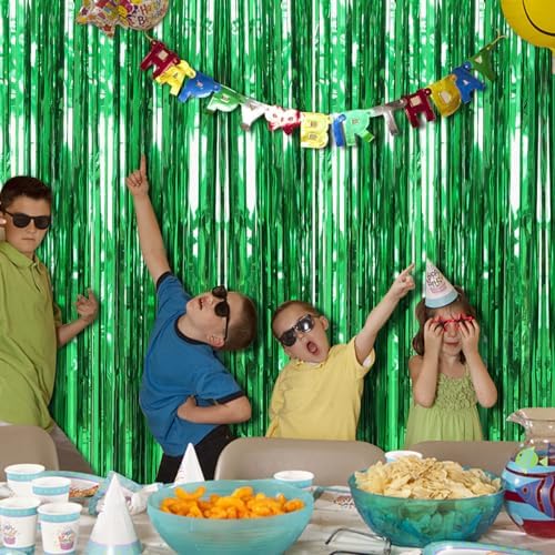 2 Pack Green Streamers Backdrop Jungle Party Decorations Foil Fringe Backdrop Curtains Photo Booth Backdrop for Birthday Dinosaur Animal St Patrick's Day Football Christmas Party Decorations - Image 5