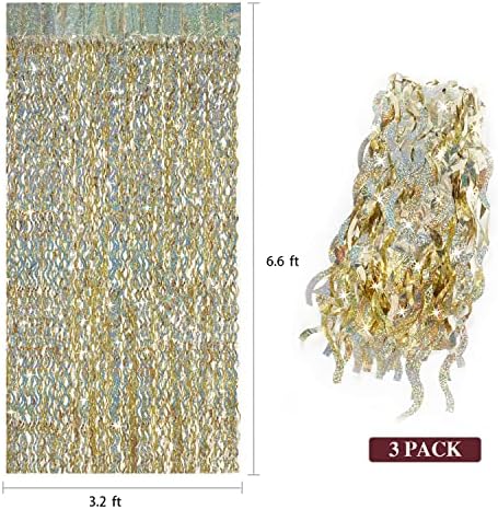 Champagne Gold Foil Fringe Backdrop - CYLMFC 3 Pack 3.3 ft x 6.6 ft Sparkle Tinsel Foil Fringe Backdrop Curtains for Birthday Anniversary Retirement Party Decorations - Image 3