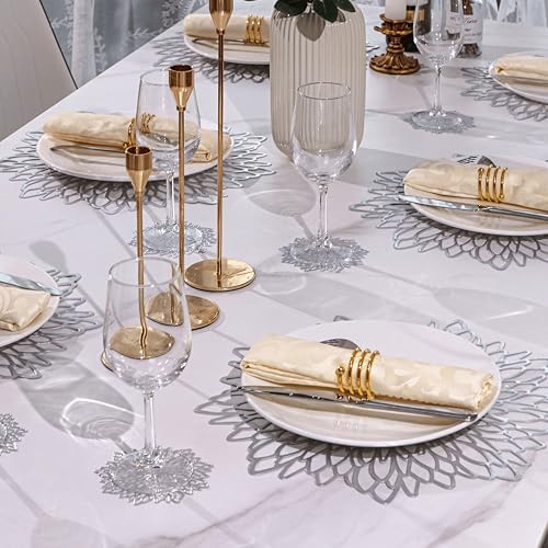 Snowkingdom 12 Pack of Silver Placemats Metallic Vinyl Dinning Table Mats, Round Flower Charger Plates Decoration Bulk for Winter Holiday Christmas Thanksgiving Party - Image 5