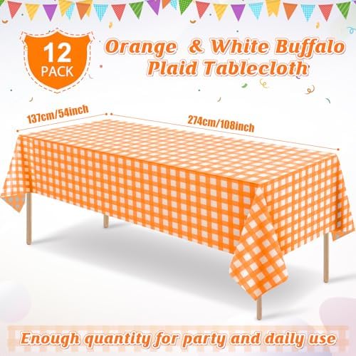 12 Pack Orange Plastic Checkered Tablecloth, Premium Decorative Disposable Orange Gingham Plaid Table Cloths for Parties, Rectangle Party Table Cover for Fall Thanksgiving Picnic Birthday, 54x108 Inch - Image 2