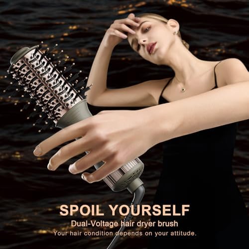 Travel Dual Voltage Blow Hair Dryer Brush 4-IN-1 Portable Mini Hot Air Dryer Straightener & Curler Brush, Titanium Round Blowout Styler Volumizer Tools, 110/240V US/EU/UK Plug for International Travel - Image 3