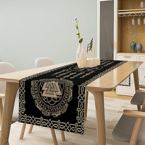Vintage Viking Pattern Table Runner, Viking Ancient Runic Helmet of Awe Seasonal Dinner Runner for Farmhouse Party Holiday Home Kitchen Dining Table Decor 13"x120" - Image 2
