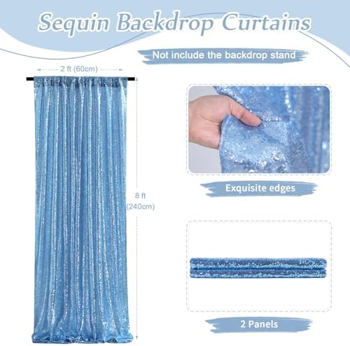 Light Blue Sequin Backdrop Curtains,2 Panels 2FTx8FT Glitter Curtain Backdrop Party Decorations Background Drapes for Wedding Birthday Anniversary Graduation Photo Booth Decor - Image 4