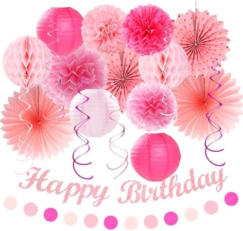 Light Hot Pink Birthday Party-Decorations - 21pcs Girl Happy Banner,Paper Lanterns Honeycomb,Tissue Pom Poms Flower Fan,Hanging Streamers Garland,18th 21st 30th Women Birthday Decor Supplies Huglony by Huglony