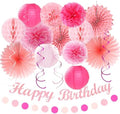 Light Hot Pink Birthday Party-Decorations - 21pcs Girl Happy Banner,Paper Lanterns Honeycomb,Tissue Pom Poms Flower Fan,Hanging Streamers Garland,18th 21st 30th Women Birthday Decor Supplies Huglony by Huglony