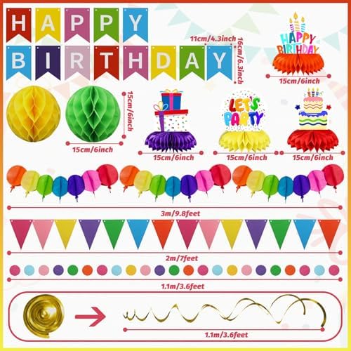 Birthday Decorations Kit, Happy Birthday Banner with Table Centerpieces, Colorful Paper Flag Garland, Hanging Swirl Streamers & Honeycomb Balls for All Birthday Party Decorations - Image 4