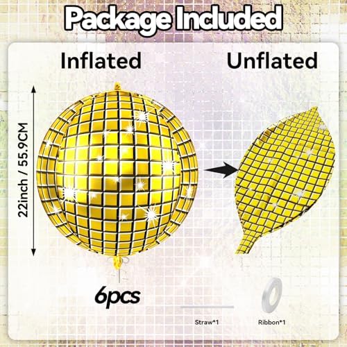 6pcs 22 Inch Gold Disco Ball Balloons, Gold Big Disco Balloons, 4d Large Foil Aluminum Balloon For Birthday Baby Shower 70s 80s 90s Theme Party Wedding Engagement Graduation New Year Decoration - Image 2