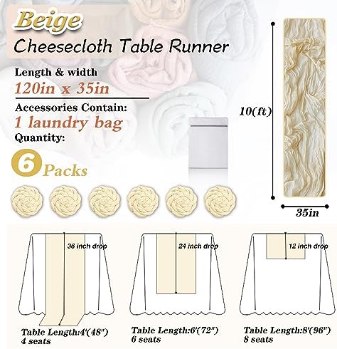 Beige Cheesecloth Table Runner 6 Pack 35" Boho Gauze Runner 120 inches Long Runner Rustic Sheer Fabric Bulk for Baby Shower Wedding Bridal Shower Birthday Thanksgiving Decorations - Image 2