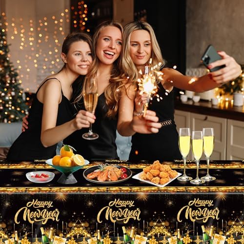 BCCSNNMN 3 Pcs Happy New Year Tablecloths,Rectangle Disposable Plastic Black Gold NYE Table Covers for New Years Eve Party Table Decorations Supplies 54" X 108" - Image 4