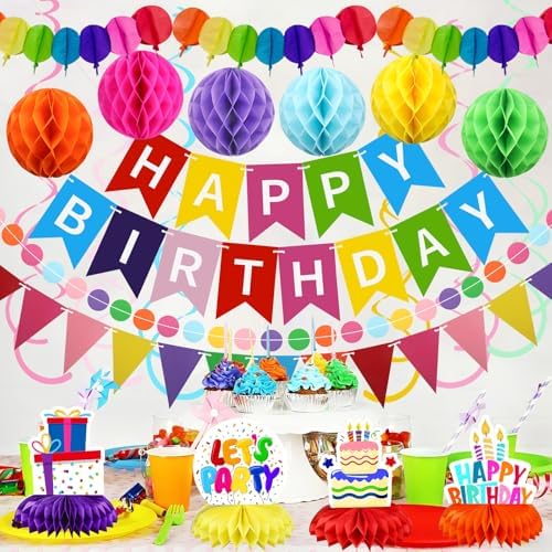 Birthday Decorations Kit, Happy Birthday Banner with Table Centerpieces, Colorful Paper Flag Garland, Hanging Swirl Streamers & Honeycomb Balls for All Birthday Party Decorations - Image 7
