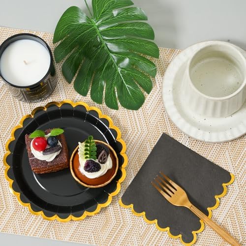 black & gold scalloped party plates with napkins and fork gold foil border, 24 Guest Black disposable Tableware Set Party Decoration for Birthday Coquette Bridal Baby Shower Valentines - Image 2