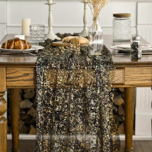 Artoid Mode Black Gold Gauze Table Runner 120 Inch 10FT, Glitter Metallic Foil Sheer Dining Wedding Anniversary Holiday Birthday Table Decor for Home Party - Image 2