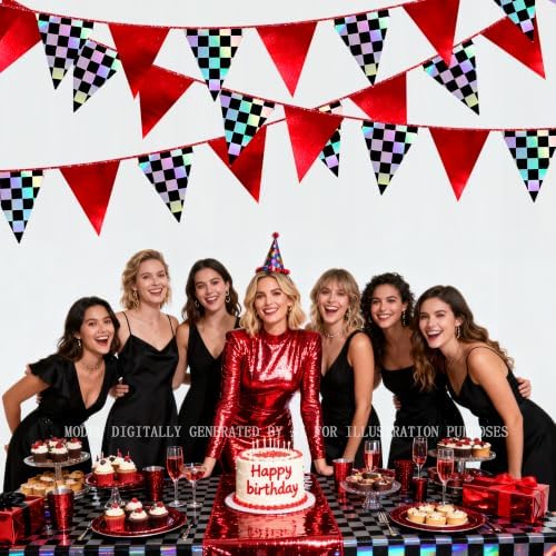 Racing Party Decorations Iridescent Checkered Red Pennant Banner Flag Hanging Paper Triangle Bunting for Race Fans Birthday Monster Truck Race Car Party Decorations Supplies - Image 4