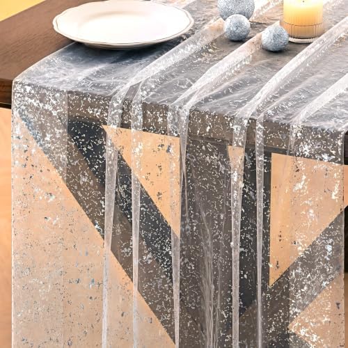 4Pcs White Silver Gauze Table Runner with Glitter Metallic Foil by Unknown