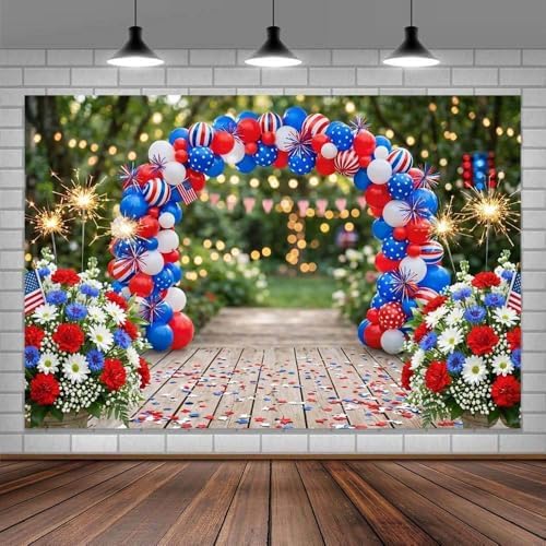 4th of July Independence Day Backdrop, Patriotic Red White and Blue Balloon Arch Flowers Photography Background, Memorial Day Party Photo Veterans Day Patriot Decorative Banner Booth Studio 5X3FT - Image 4
