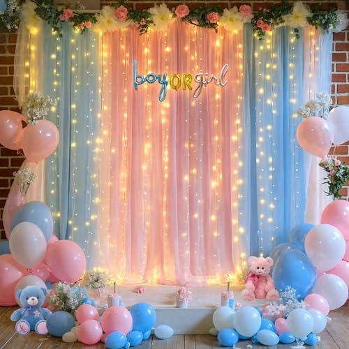 Pink Blue Sheer Tulle Backdrop Curtains with Lights String for Gender Reveal Baby Shower Decorations for Boy or Girl Birthday Party Photo Shoot Backdrop Background Decorations 2 Panels 5×8ft - Image 3