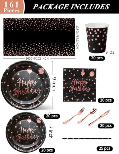 Nkaiso 161 Pcs Black Rosegold Birthday Plates and Napkins Set -20 Serves - Image 3