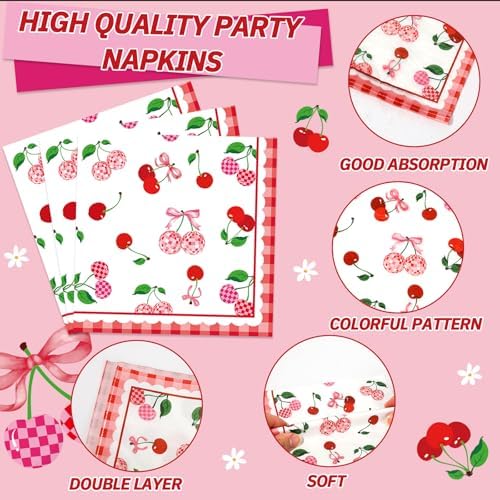 96Pcs Cherries Theme Plates and Napkins Pink Bow Cherry Birthday Party Decoration Disco Ball Disposable Dessert Cake Plates Cherries Paper Dinner Tableware for 24 Guests Girls Boys Kids Party Supplies - Image 4