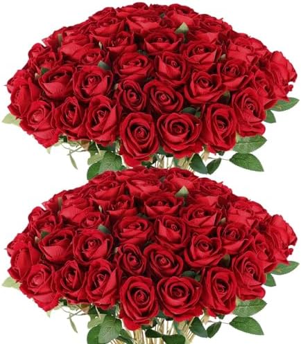 Hananona 50 Pcs Artificial Roses, Realistic Silk Burgundy Flowers Bulk by HANANONA