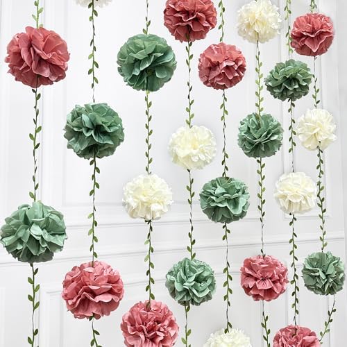 Sage Green Dusty Rose Pink Beige Tissue Paper Flowers Pom Pom with Leaf Ribbon Hanging Garland Streamer for Girl Safari Woodland Jungle Birthday Wedding Shower Garden Party Decorations Supplies - Image 4