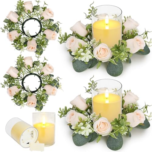 Artificial Roses Candle Rings with Candles, 2 Sets, Champagne by TOBILU