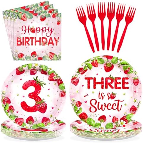 Grencian 96Pcs Strawberry 3rd Birthday Party Supplies Serves 24 by Grencian