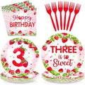 Grencian 96Pcs Strawberry 3rd Birthday Party Supplies Serves 24 by Grencian