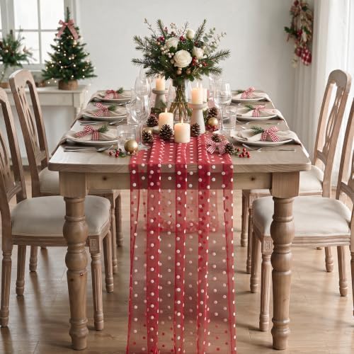 Artoid Mode Red Gauze White Flocking Dots Table Runner 10FT, Christmas Sheer Dining Table Decor for Wedding Anniversary Holiday Birthday Home Party - Image 2