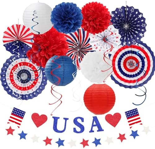 Red-White Blue Memorial-Day Patriotic Decorations - 21pcs 4th Fourth of July Americana Banner Garland,Independence Party Decor Paper Streamers Lanterns,Flower Tissue Pom Poms Fan Supplies Huglony by Huglony