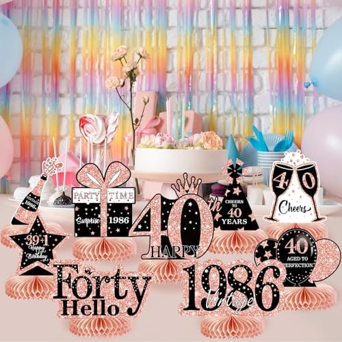 9Pcs 40th Birthday Decorations Honeycomb Centerpieces for Women, Rose Gold Pink Happy 40th Birthday Centerpieces Tables Toppers Party Decorations Supplies, Vintage 1986 Aged Table Sign Decor - Image 4