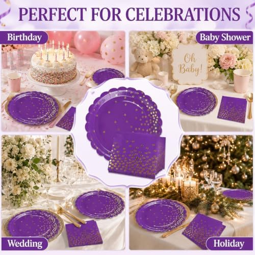 50PCS Purple Paper Plates and Napkins Set - Purple and Gold Dot Party Plates Disposable Party Tableware Dinnerware Set Party's Supplies Decorations for Birthdays, Baby Shower, Weddings and Holidays - Image 6