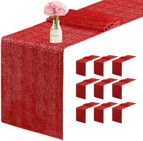 10 Packs 12 x 72 inches Sequin Table Runner, Red Glitter Table Runner for Birthday Party Supplies Wedding Engagement Baby Shower Holiday Celebration Event Decorations by Yblut