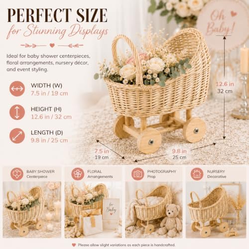 Wicker Baby Carriage for Baby Shower, Boho Centerpiece Decor, Handmade Rattan Flower Cart for Floral Arrangements & Photography Prop (13 Inch) - Image 6