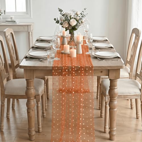Artoid Mode Caramel Gauze Flocking Beige Dots Table Runner 10FT,Fall Sheer Dining Table Decor for Wedding Anniversary Holiday Birthday Home Party - Image 2
