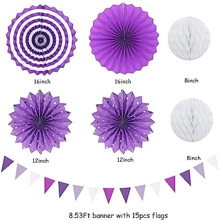 Lavender-Purple White Graduation Party Decorations - 20pcs Paper Lanterns Fans,Tissue Pom Poms,Honeycomb Balls,Birthday Wedding Bridal Baby Shower Engagement Bachelorette Decor Burgleda - Image 2