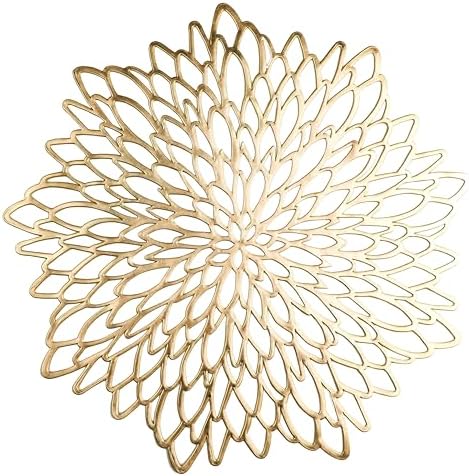 Snowkingdom 4 Pack Gold Placemats Metallic Pressed Vinyl Golden for Dinning Table Place Mats Round Floral Charger Decoration for Christmas Thanksgiving Holiday Wedding by Snowkingdom