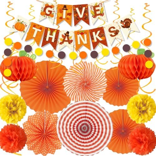 Thanksgiving and Friendsgiving Party Decorations Set, Autumn Fall Harvest Decor Supplies with Festive Banners, Hanging Swirls and Seasonal Ornaments for Home Celebration by Jenlion