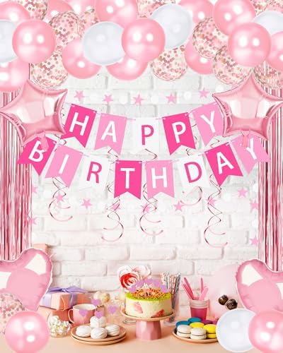 Pink Happy Birthday Party Decorations with Banner Balloons for Women Girls - Image 5