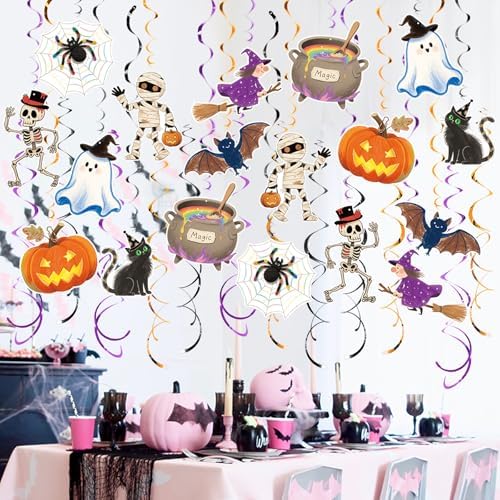 Halloween Hanging Party Decorations, 48 Pcs,Ceiling Decor Indoor Swirl Witches Cauldron Ghost Pumpkin Skull Cat Witch Party Supplies Sign,Black Purple Orange - Image 4